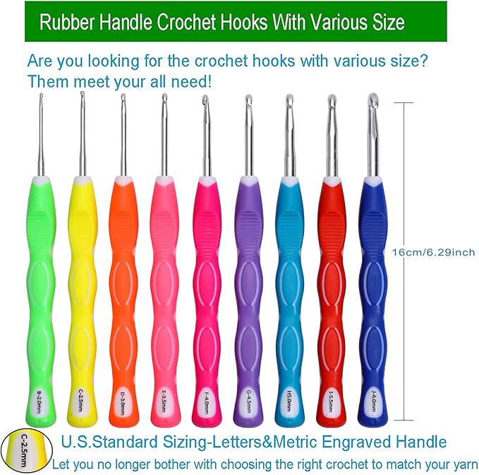 Looen Crochet Hooks Set-Yarn Needles Coloured Aluminum with Storage Case Rubbery Handle Ergonomic Comfort Grip DIY Craft Handmake Kit 47pcs