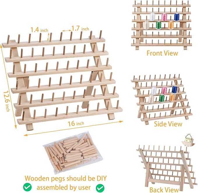 Simthread [Upgraded] 60 Spools Wooden Thread Holder, Thread Rack Organizer Stand with Hanging Hooks for Embroidery Sewing Hair Braiding