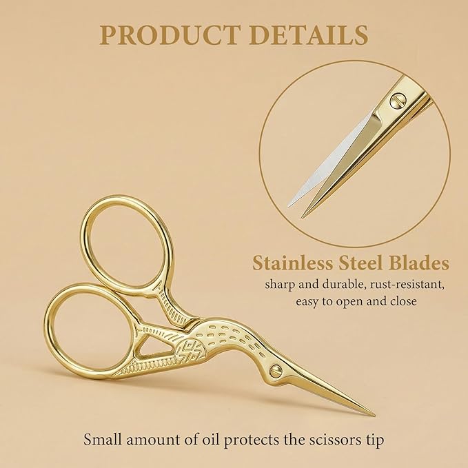 3 PCS Small Sharp Embroidery Scissors, Gold Stork Needlepoint Thread Snips with Cover, Yarn Scissors for Crocheting & Sewing