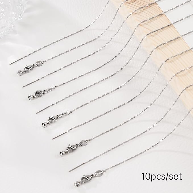 GTVOODX 10Pcs Adjustable Necklace Chains Silver Stainless Steel 0.75mm Rectangle Cable Chain Bulk with Lobster Clasps for DIY Jewelry Making