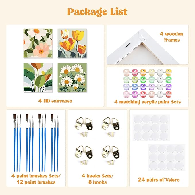 MXJSUA 4 Pack Flowers Green Plant Framed Paint by Numbers Kit with Canvas for Adults Beginner, DIY Acrylic Oil Painting Kits with Brushes for Home Wall Decor Gift (8x8 inch)