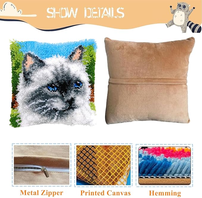 EMISTEM Latch Hook Kits for Adults - Latch Hook Pillow Kits, Crochet Yarn Kit for Beginners, DIY Needlework Crafts Cover Case with Printed Canvas, Gift Packaging. (Blue Eyes Cat,17x17 inch)