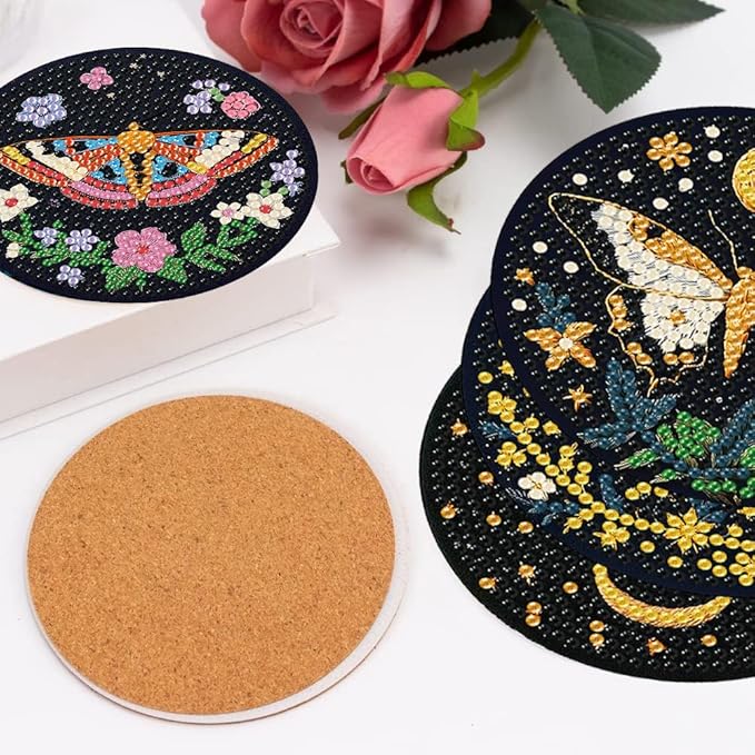 8 Pcs Diamond Art Coasters Kit with Holder, DIY Butterfly Diamond Painting Coasters for Beginners Adults, Non Slip Diamond Art Kits Craft Supplies 4x4inch