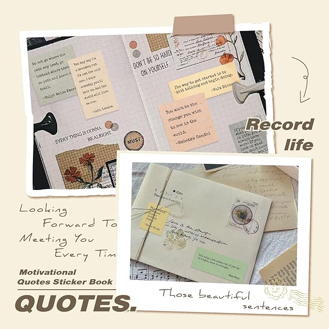 24 Sheets Vintage Motivational Quote Stickers Pad wtih Tweezer,246 Pcs Inspirational Typewriter Font Quotes Pad,Word Stickers for Scrapbook Junk Journal Bullet Journal DIY Craft Card Making