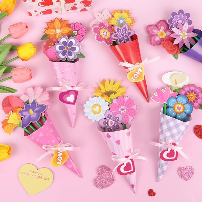 CCINEE 24 Sets Valentine Day Paper Flower Bouquet Crafts Kits, Make Your Own Spring Pink Flower Bouquet Paper DIY Kits for Mother's Day Valentines Day Teacher Appreciation Gifts School Activity
