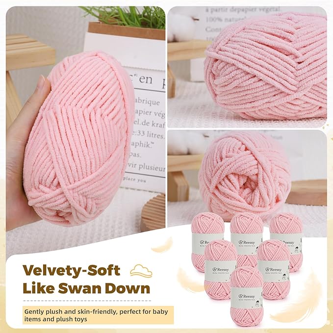 Bulky Chenille Yarn for Crocheting – 6 Pack of 50g/1.76oz Skeins, Pure Polyester, CYC #5 Bulky Weight – Ultra Soft Chenille Yarn Pack for Crafting Plush Toys, Blankets, Scarves(Blossom Pink)