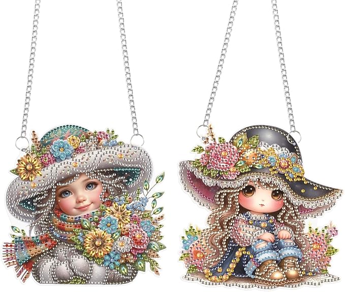 2 Pack Feminine Diamond Painting Hanging Charms – DIY Floral Art Pendants with Rhinestones – Elegant Decorative Accessories for Car Mirror, Wall, or Gift Ideas