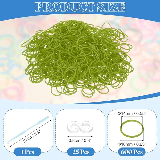 uxcell 600Pcs Loom Rubber Band, Bracelet Making Refill Kit Elastic Loom Band with 25Pcs S-Clips and 1Pcs Crochet Hooks for Weaving DIY Handcrafts, Army Green