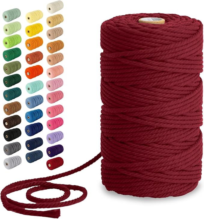 Nook Theory Macrame Cord - 4mm 109 Yards Cotton Rope, 3mm 5mm Yarn, String for Crafts, Perfect for Macrame Wall Hanging and Boho Decorations (Maroon)