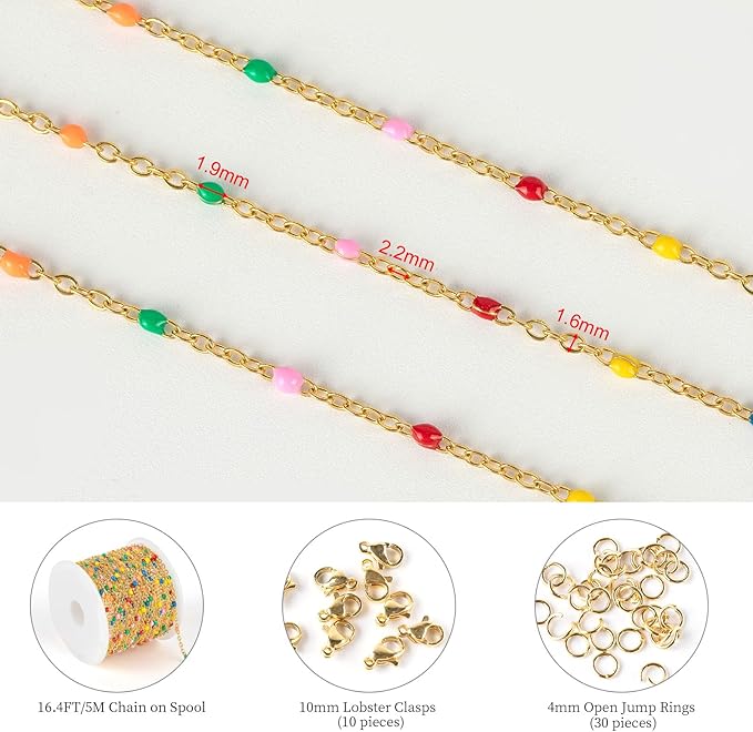 KYUNHOO 16.4 Feet Gold Jewelry Chains for Necklaces Crafting Multicolor Enamel Bead Chain Roll Soldered Stainless Steel Chain for Jewelry Making with Lobster Clasps Jump Rings