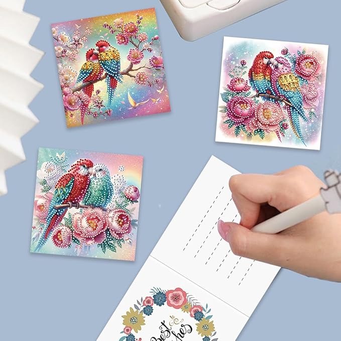 6 Pack 5D DIY Diamond Painting Parrot On Tree Greeting Card Kit, Diamond Art Christmas Birthday Holiday Greeting Card, Art Crafts Kit Creative Gift with Envelope