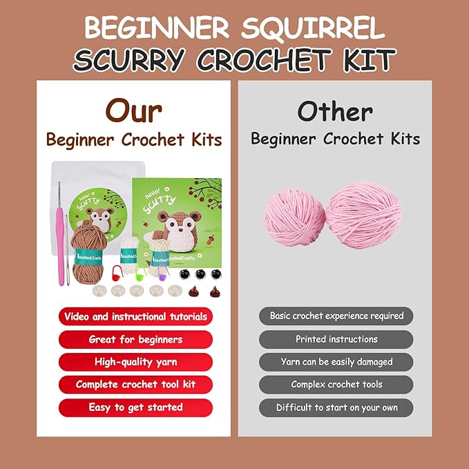 Vanttokeey Crochet Kit for Beginners, Animal Amigurumi Crochet Kits Included, Step-by-Step Video Tutorials, Beginner Crochet Kit for Adults and Kids, Crocheting Starter Set (Squirrel)