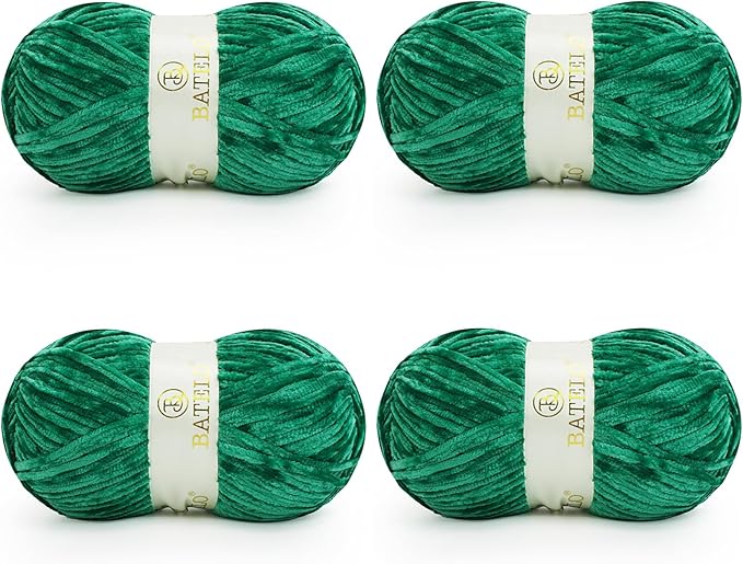 Velvet Chenille Yarn for Crocheting & Knitting 1440 Yards, Soft Thick Fluffy Bulky Blanket Yarn, 4 Pack of 10.5oz (Emerald Green)