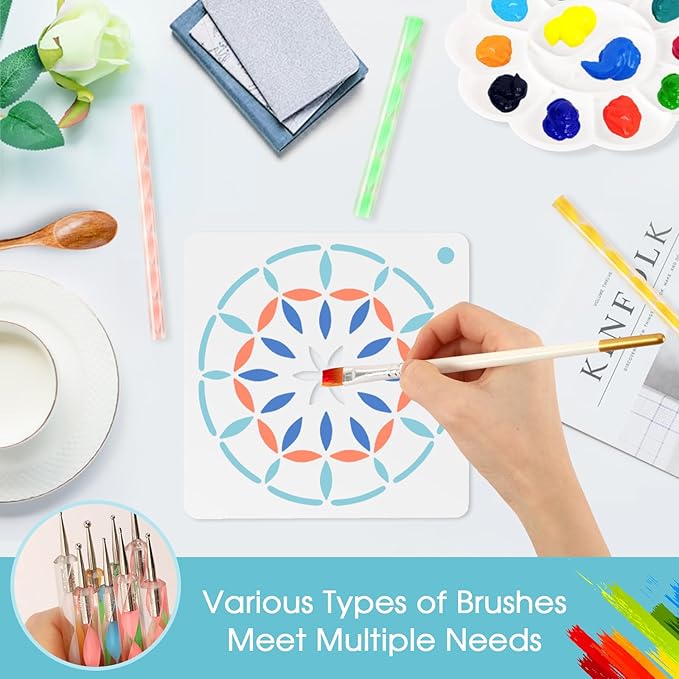 Augshy Mandala Dotting Tools Painting Kit, 58Pcs Dotting Tools for Painting DIY Rock Template Stencils Kit Brush Tray Pen Zipper Bag for Stone Canvas Mandala Arts