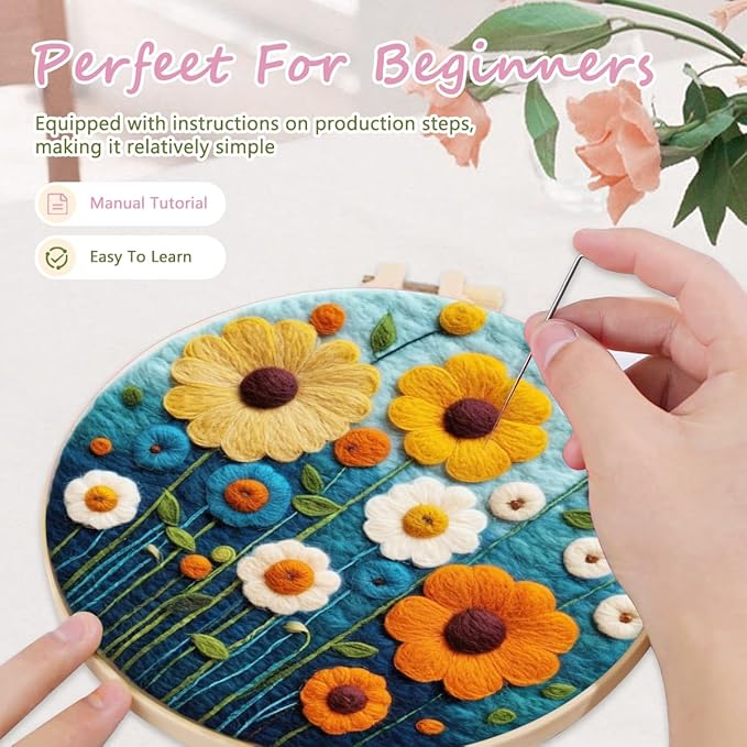 yesJRL Needle Felting Kits Beginners, Natural Landscape DIY Wool Needle Felting Starter Kit, Floral Needle Felt Set with Foam Pad, Felt Cloth and Instructions, Used for Home Decoration (Blue)