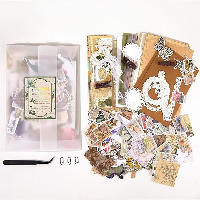Esweny 251PCS Vintage Scrapbook Supplies Pack, Scrapbooking Paper and Stickers Ephemera Bundle Junk Journal Kit for Art Aesthetic Journaling Collage Decoupage Craft (Flowers and Birds)