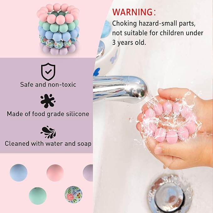 ASTARON 100 Pcs 15mm Silicone Beads for Keychain Making, Light Pink Purple Blue Beads Bulk Round Beads for Bracelets Crafts Beadable Pens Decorations Jewelry Making Supplies