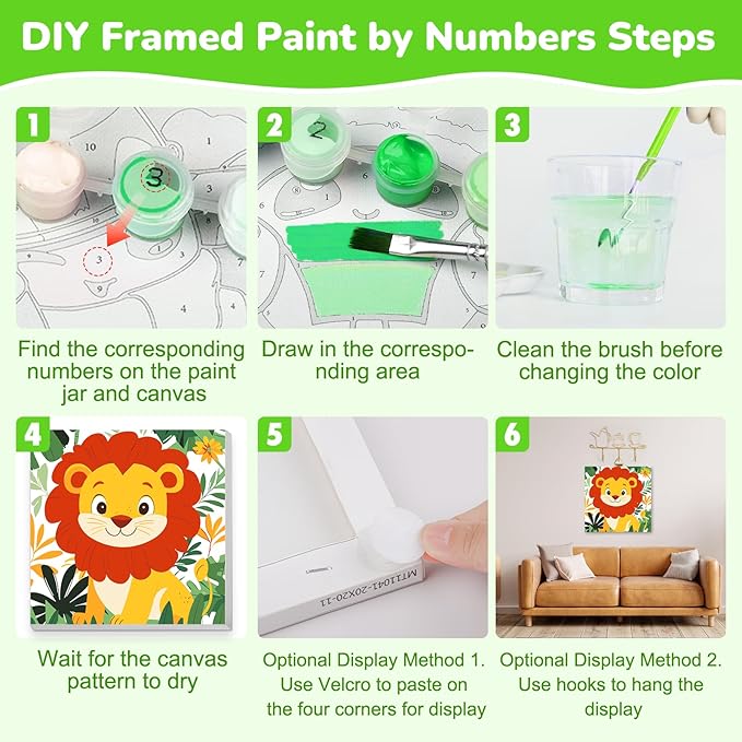 KEYIFA 4 Pack Paint by Numbers Kids Kit with Frame, Easy Animal Painting Kits for Adult Beginners, Plants Acrylic Painting on Framed Canvas for Home Decor Gift, 8x8 in (Lion+Zebra+Elephant+Giraffe)