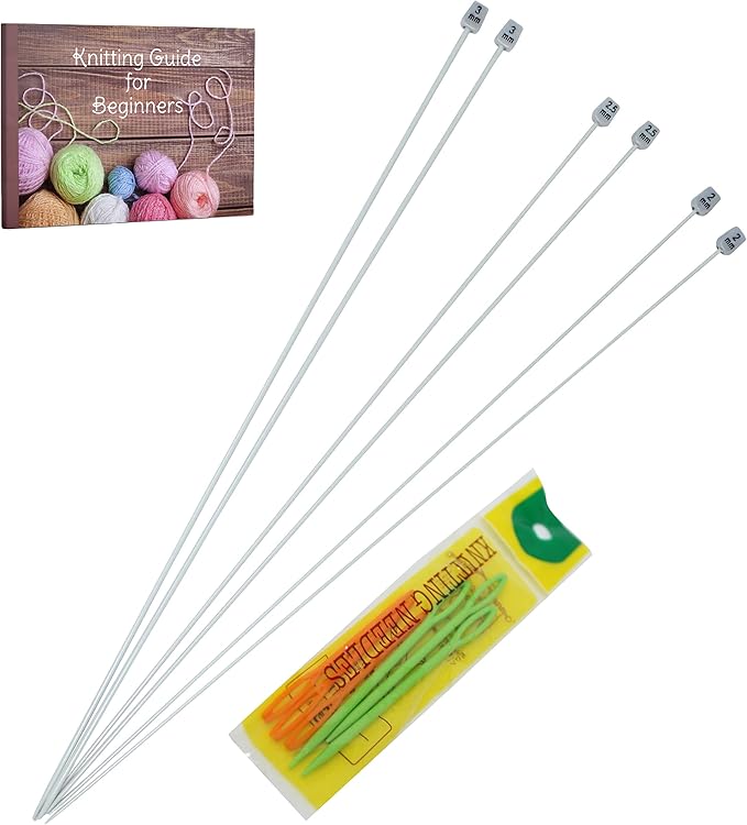 KnitPal 16-Inch (40cm) Aluminum Knitting Needles Set for Blankets - Straight Knitting Needles Set Single Pointed - 3 Pairs, US Sizes: 0/2mm, 1/2.5mm, 2.5/3mm- Metal Knitting Needles with eBook