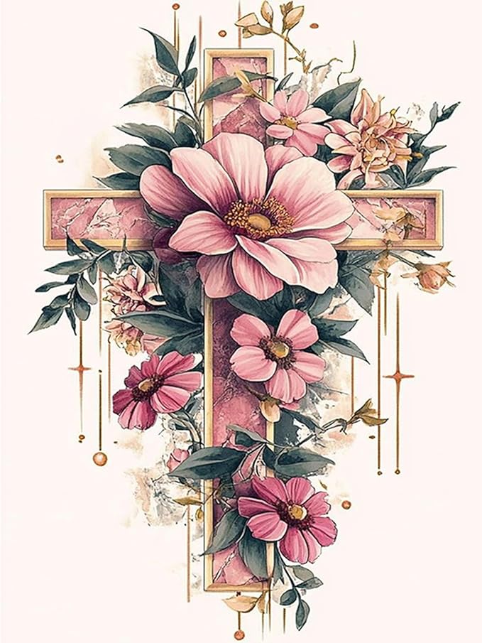 Yezavesu Cross Flower Diamond Art Kits for Adults, Religious 5D Diamond Painting Kit for Beginners, DIY Round Full Drill Painting with Gem Art Craft Kits for Home Wall Decor 12x 16 Inch