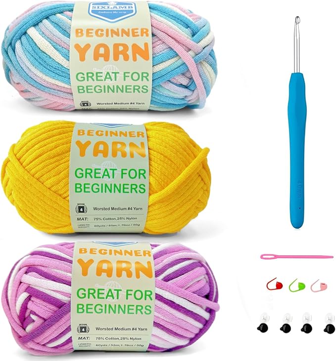 3 * 50g/1.76oz Yarn for Crocheting and Knitting, 3 * 60yds Beginner Yarn with Easy-to-See Stitches; Worsted-Weight Medium #4;Amigurumi-Friendly Crochet Kit(Violet+Yellow+Blushing Blue)