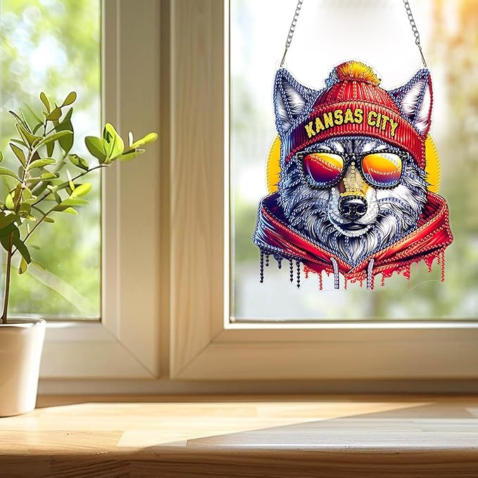 Weadatty DIY Diamond Art Hanging Kit for Adult,Football Style Acrylic Diamond Art Painting Window Pendants Home Garden Wall Hanging Kits Hanging Ornament,Single Sided(Kansas City Red)