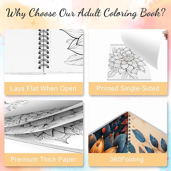 2Pcs Coloring Books for Adults Relaxation Coloring Book for Women Spiral Bound Printed On One Side, Adult Coloring Book for Women with 48 Patterns, Anxiety Relief Gifts(Mandala & Dream Garden)