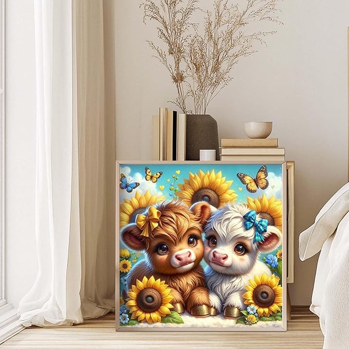GEEHEIY Highland Cow Diamond Art Kits for Adults, 5D Cow Diamond Painting Kits for Beginner, DIY Sunflower Gem Art Dots for Adults, Perfect for Home Wall Decor 14x14 Inch