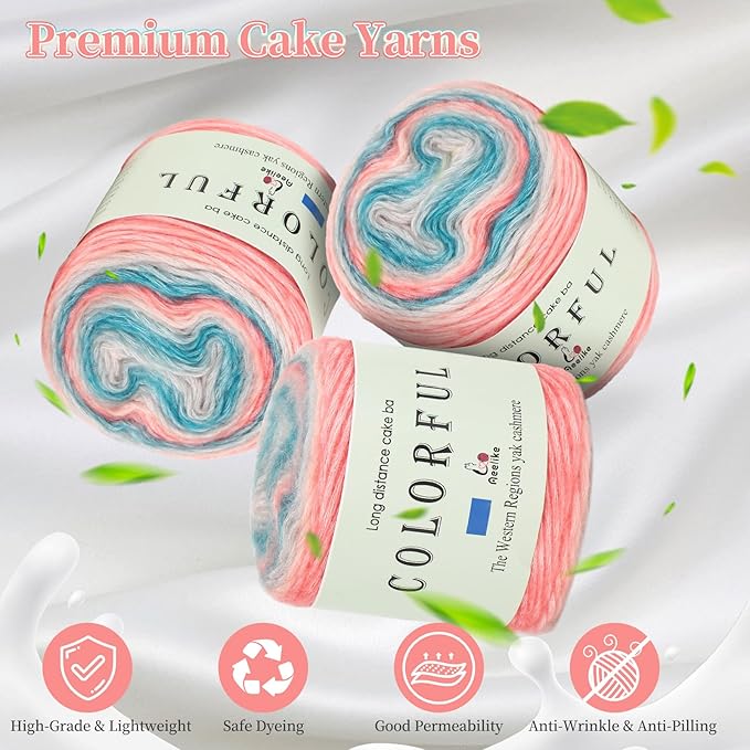 Aeelike Gradient Yarn for Crocheting, 3 Skeins Cake Yarns 100g (3.52 oz) 245m (267 Yards) # 3 Light Weight - Super Soft Ombré Fairyland Yarns for Making Colorful Crafts, Blue Pink Gradient