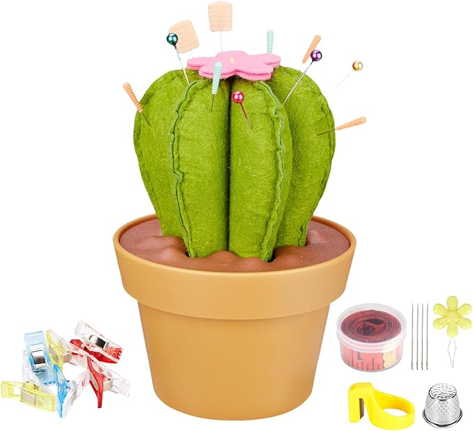 Cactus-Shaped Pin Cushion in a Pot with Included Sewing Notions | Magnetic Pin Holder | Cute Décor for Sewing Desks | Perfect Gift for Quilters, Sewers, Applique & Patchwork Crafters