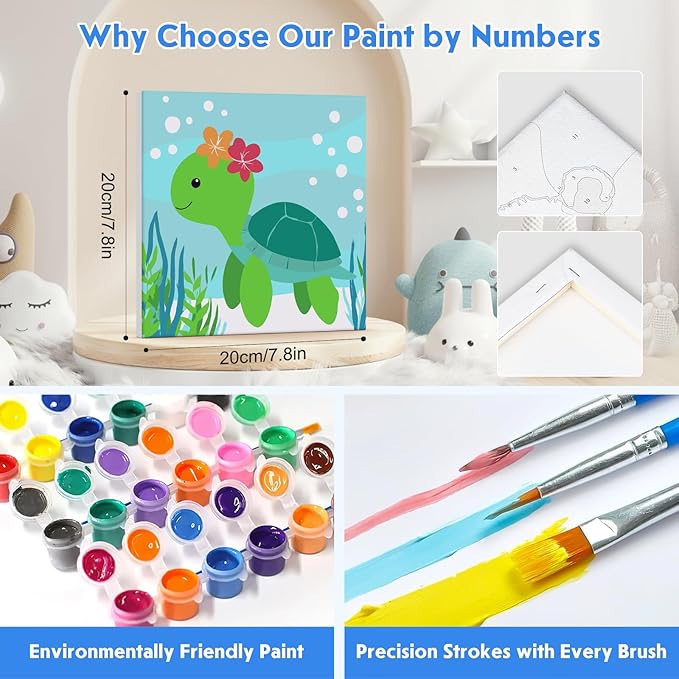 4 Pack Paint by Number for Kids with Wooden Frame, Cute Seal, Turtle, Fun Crab, Fish Paint by Numbers for Kids Ages 8-12, Cartoon, DIY Acrylic Oil Painting for Beginners for Home Wall Decor 8X8 inch