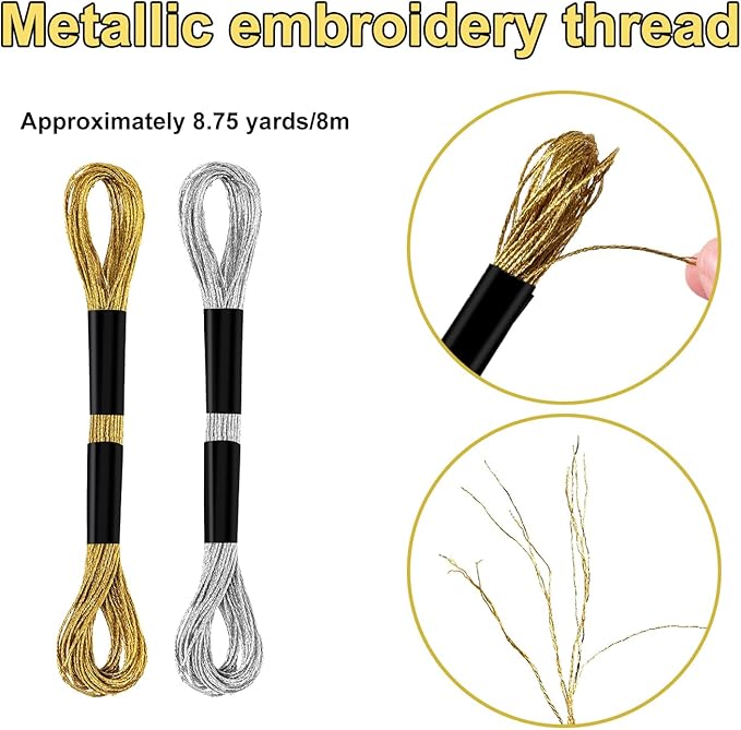 6 Skeins Embroidery Threads, Metallic Embroidery Floss Friendship Bracelet Cross Stitch Thread for Sewing Making Yarn Accessories Craft String Art Supplies (Gold + Silver)