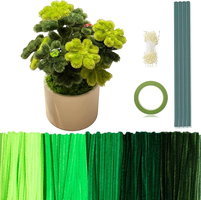 Peryiter 371 Pipe Cleaners Flowers Set, Mixed Colors Chenille Stems Bulk with Floral Wires, Gardening Tape, Stamen for DIY Flower Making Kit, Gift Idea for Mother's Day(Green)