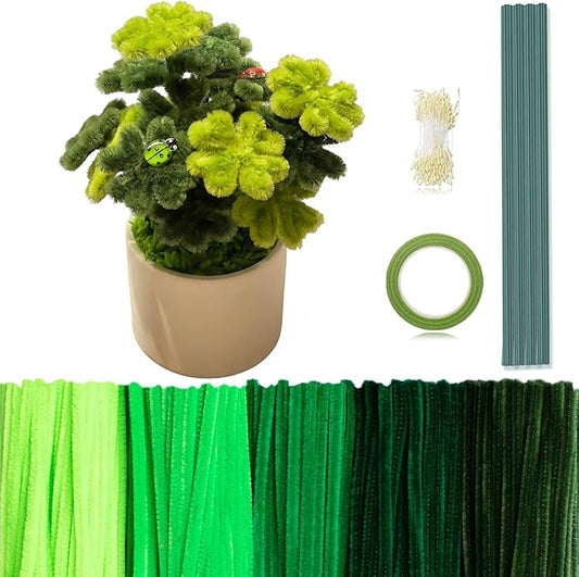 Peryiter 371 Pipe Cleaners Flowers Set, Mixed Colors Chenille Stems Bulk with Floral Wires, Gardening Tape, Stamen for DIY Flower Making Kit, Gift Idea for Mother's Day(Green)
