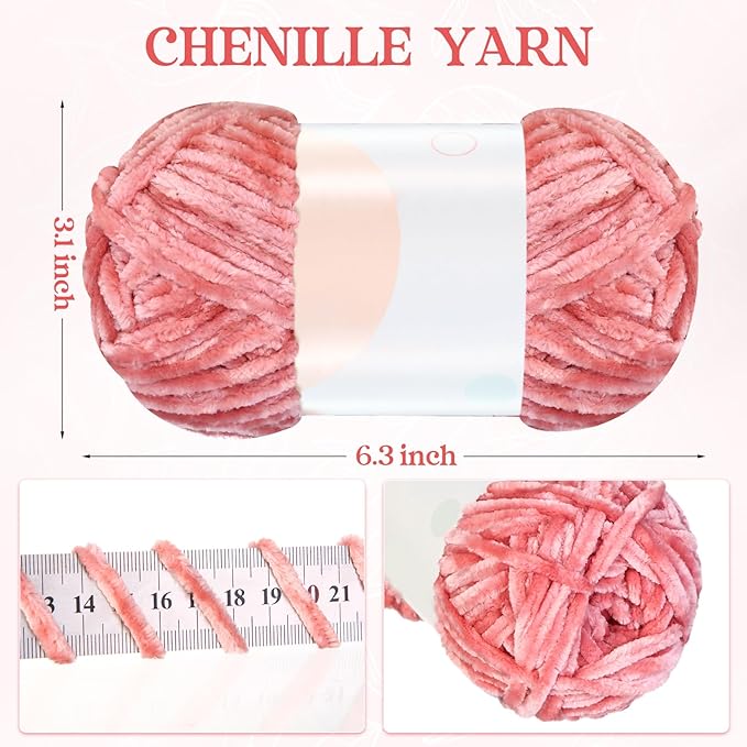 Xinnun 12 Skeins 1116 Yards Chenille Velvet Soft Thick Plush Yarn Bulk for Crocheting Knitting Blanket DIY Weaving Craft, 6mm, 3.5 Oz/Skein(Pink Series)
