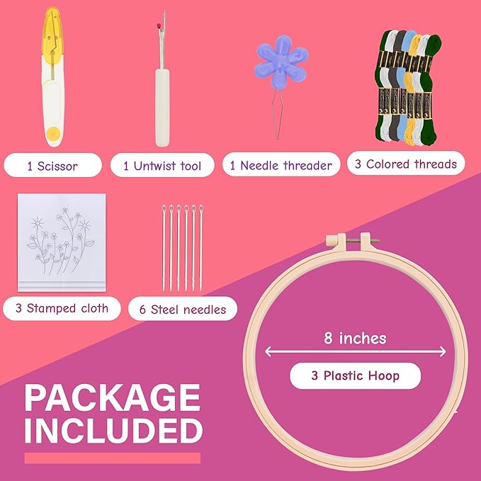 Clear Background Embroidery Kit for Beginners – DIY Hand Embroidery Kit with 3 Hoops, Stamped Patterns, Needles, Thread, Scissors – Minimalist Embroidery Set for Adults, Teens, Women, Craft Lovers