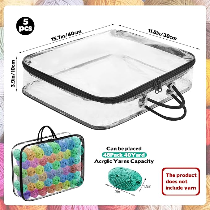 5 Pack Clear Yarn Storage Bags, 12x16x4 Inches Yarn Storage Organizer Tote Bag for Knitting Needles Crochet Hooks Yarn Balls Yarn and Unfinished Project