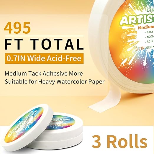 White Art Tape Medium Tack Artist Masking Tape Paper Acid Free Tape Watercolor Painters Tape Artists Tape for Drafting Art Watercolor Painting Canvas Framing, 0.7 inch Wide 495FT Long