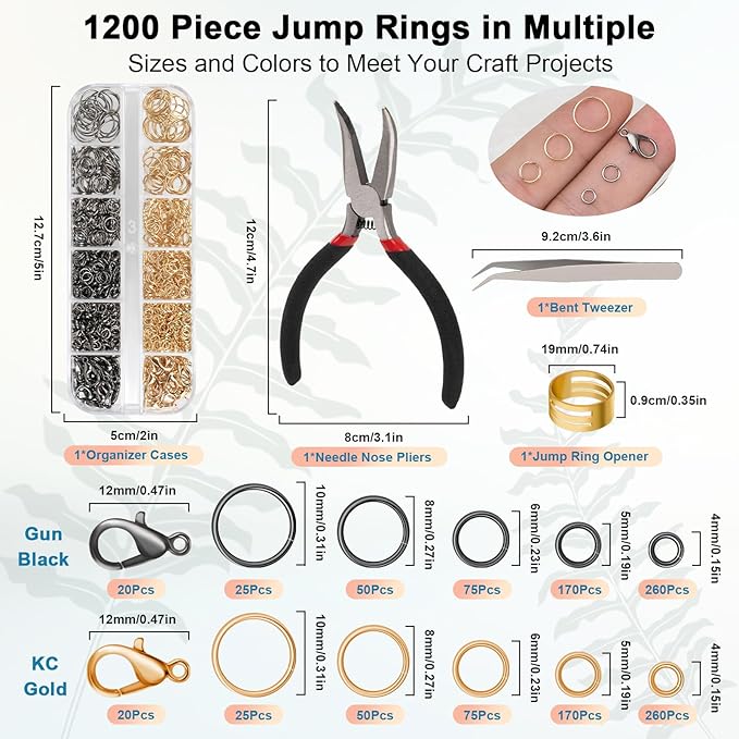 1200 Pcs Jump Rings, Jewelry Making Kit with Open/Close Tools, Pliers, Tweezers, Lobster Clasps, DIY Necklace Repair and Keychain Supplies (KC Gold & Gun Black)