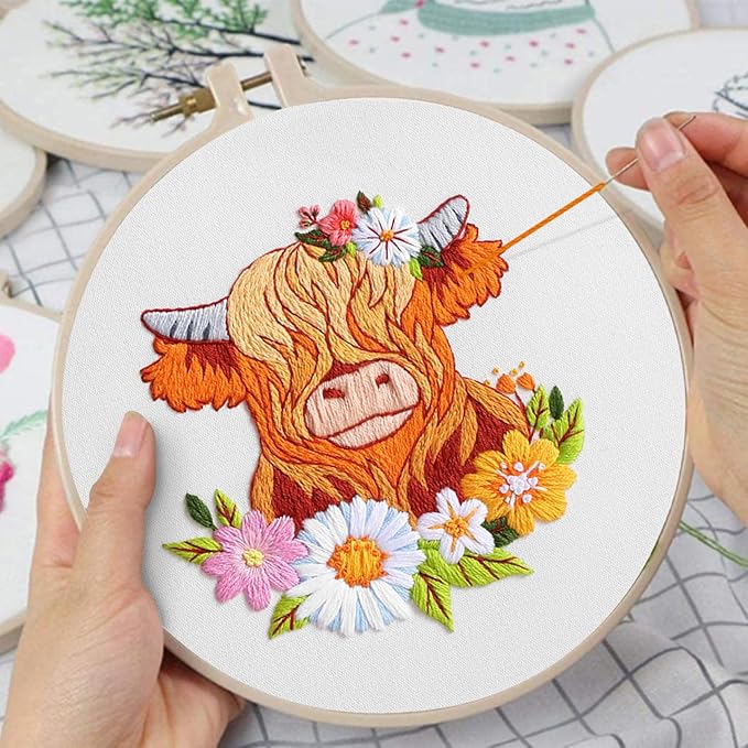 louise maelys 3 sets embroidery kits for beginners,cross stitch kit for adults,starters diy needlepoint including hoop -highland cow and florals pattern