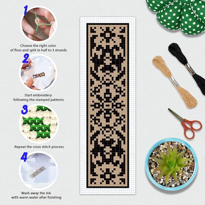 BEUNITONE 6 Pcs Cross Stitch Bookmark Kit DIY Vintage Decorative Border Counted Cross Stitch Stamped Kits for Adults Beginners with Instructions Embroidery Bookmark Kit for Book Lovers 2.4x7.9 in