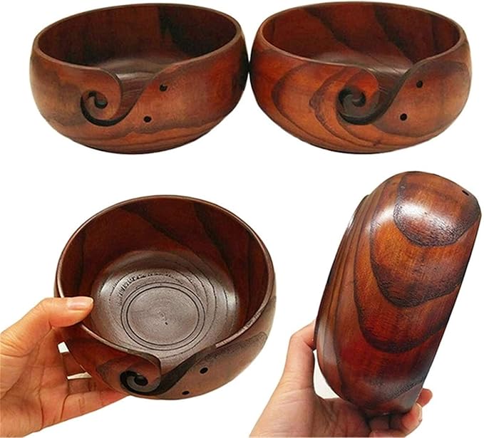 1 Pcs Wooden Yarn Bowl with Lid, Crafted Wooden Weaving Thread Bow with Carved Holes, Premium Knitting Storage Accessories & Supplies, Handcrafted Round Yarn Ball Bowl Brown Box, 16 CM #02