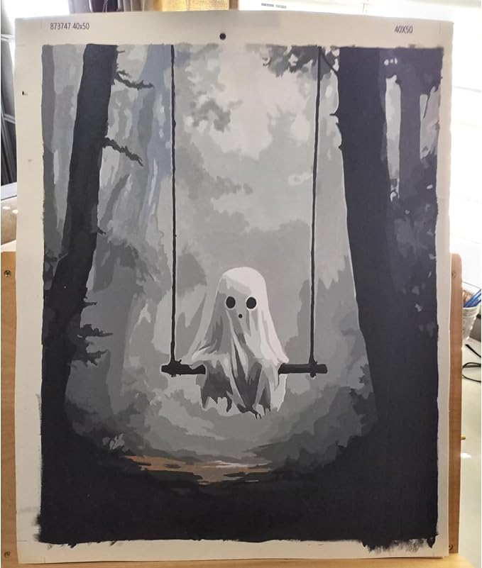 Cawpom Ghost Paint by Numbers Kit, Halloween Spooky Paint by Number for Adult, Ghosts Sitting on Swing Acrylic Painting, Misty Forest Landscape Picture, Home Wall Decor(16x20inch, No Frame)