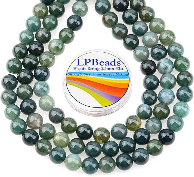 LPBeads 80Pcs Polished 10mm Round Natural Moss Agate Gemstone Loose Beads with Stretch Cord for Jewelry Making Bracelets