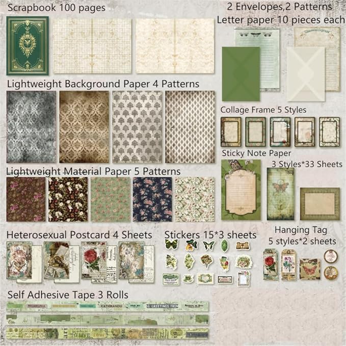 Diuhofart Vintage Scrapbooking Supplies Kit, 185pcs Junk Journal Kit with Scrapbook Paper Sticker Aesthetic Notebook Scrapbook Kit, Art Craft DIY Gift for Adult Women