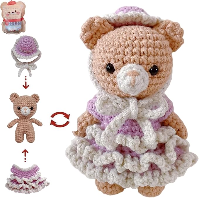 LoopMap Amigurumi Crochet Kit for Beginners with Removable Dress & Video Tutorials, DIY Bear Making Kit Includes Premium Yarn & Tools, Creative Gift for Adults Teens (Purple)