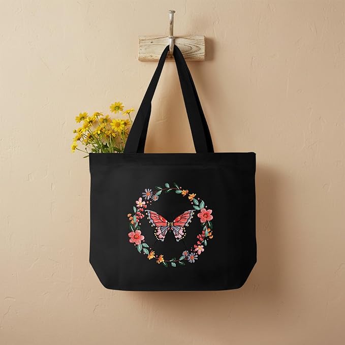 ERKOON Embroidery Canvas Tote Bag for Beginners, Floral Arts Crafts Cross Stitch Kits for Adults Including Stamped Embroidery Bag with Hoops, Needle, Instruction and Color Threads (Butterfly)