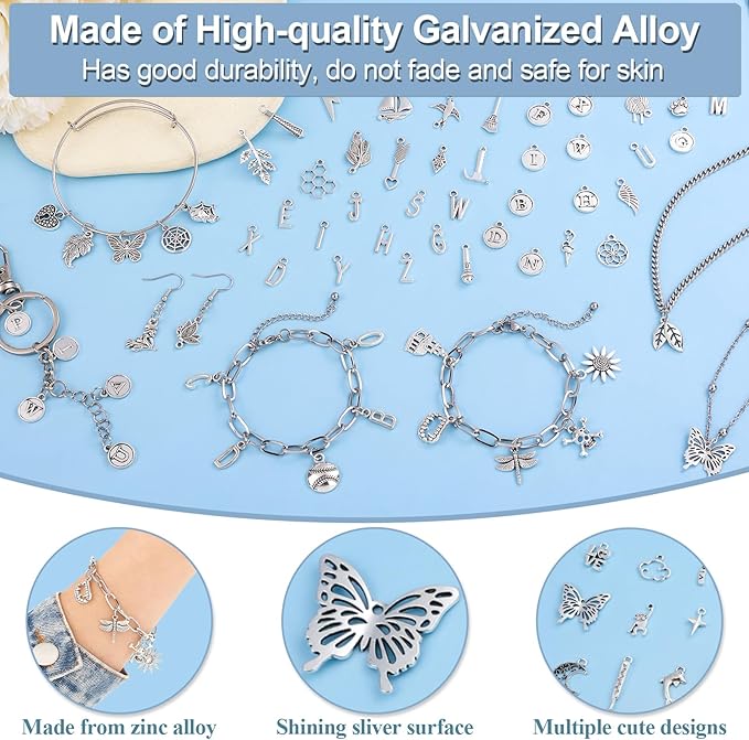 Modacraft 254 Pcs Silver Charms for Jewelry Making with Alphabet Letters, Wholesale Bulk Tibetan Silver Charm Pendants for Bracelet Necklace DIY Crafting