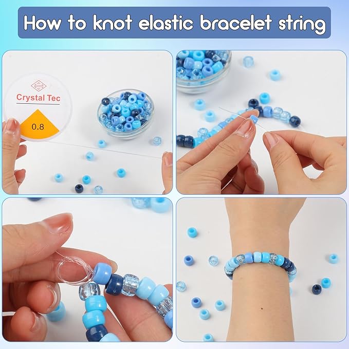 1200Pcs 6x9mm Pony Beads for Bracelets Making Kit, 5 Style Blue Colors Kandi Beads Bulk for Friendship Bracelet Kit, Hair Bead for Braids with Stretch Cord and Scissors