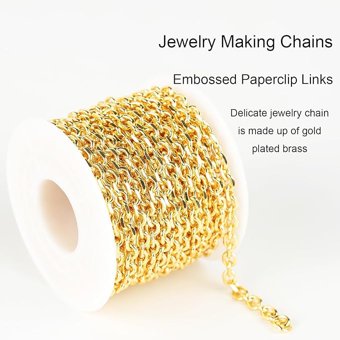 Jabogrii 16.4 Feet 18K Gold Plated Brass Jewelry Chains Roll Oval Paperclip Chains DIY Necklace Bracelet Chain with Lobster Clasps and Open Jump Rings for Jewelry Making